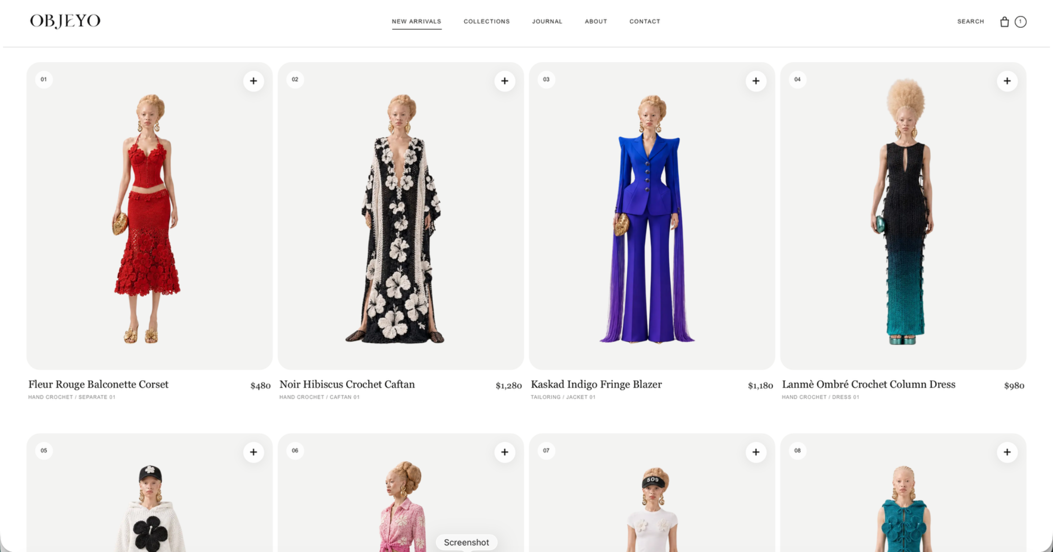OBJÉYO New Arrivals page showing a four-column fashion collection with prices and add-to-bag controls.