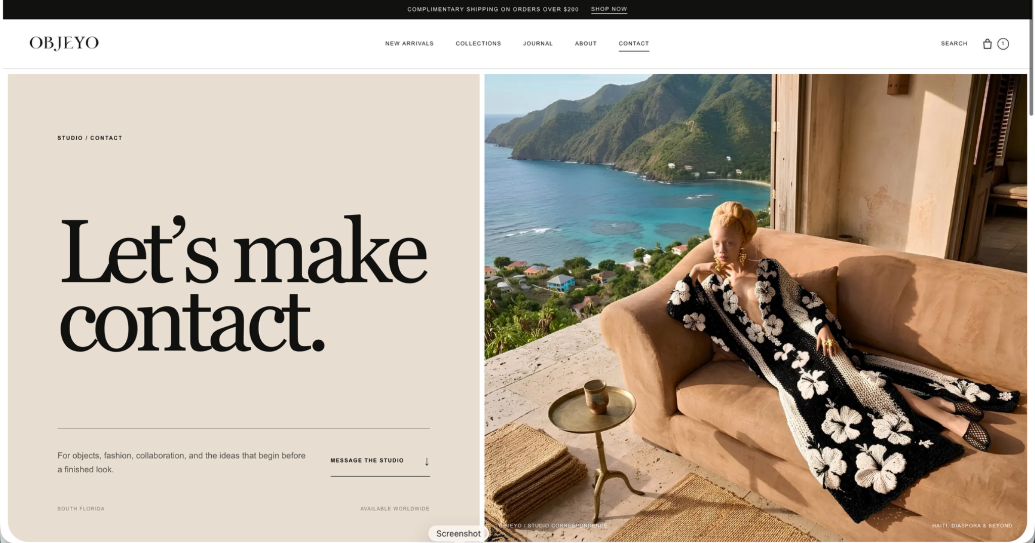 OBJÉYO contact page pairing oversized typography with a coastal fashion photograph.
