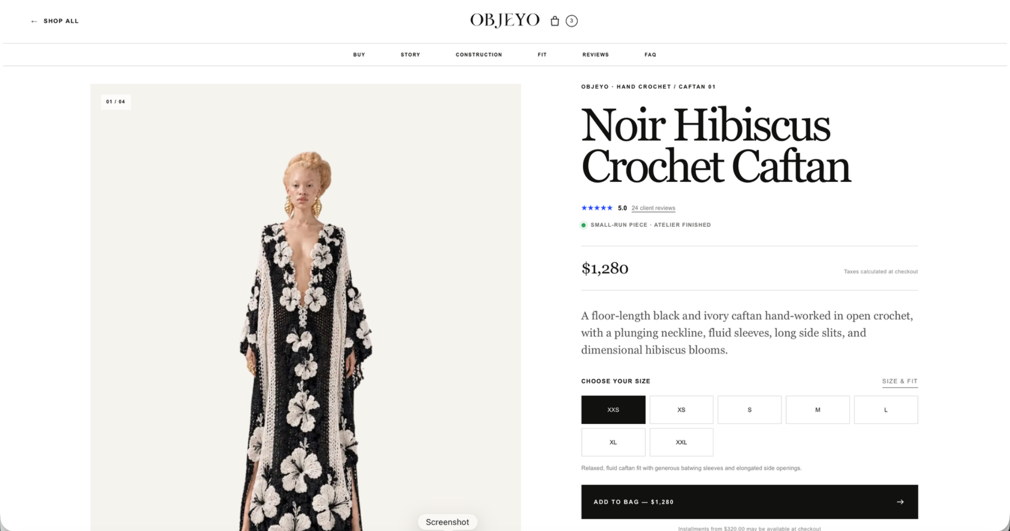 OBJÉYO Noir Hibiscus Crochet Caftan product page with editorial imagery, product details, price and size selection.