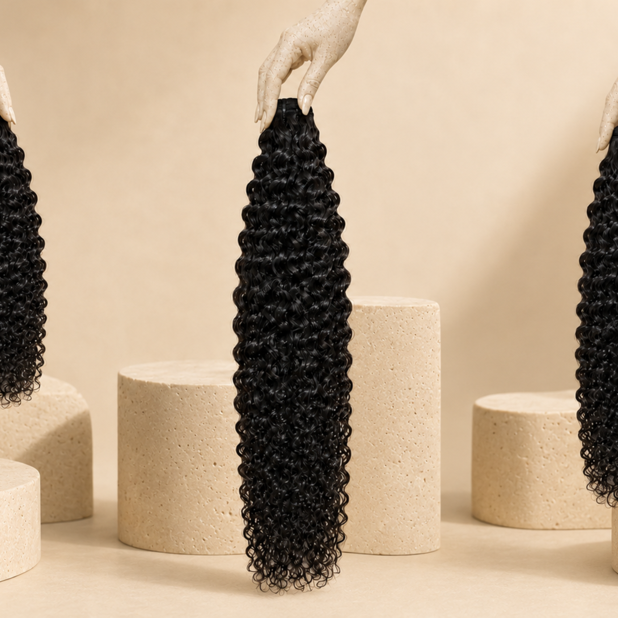 Oudella curl bundles presented over sculptural stone plinths