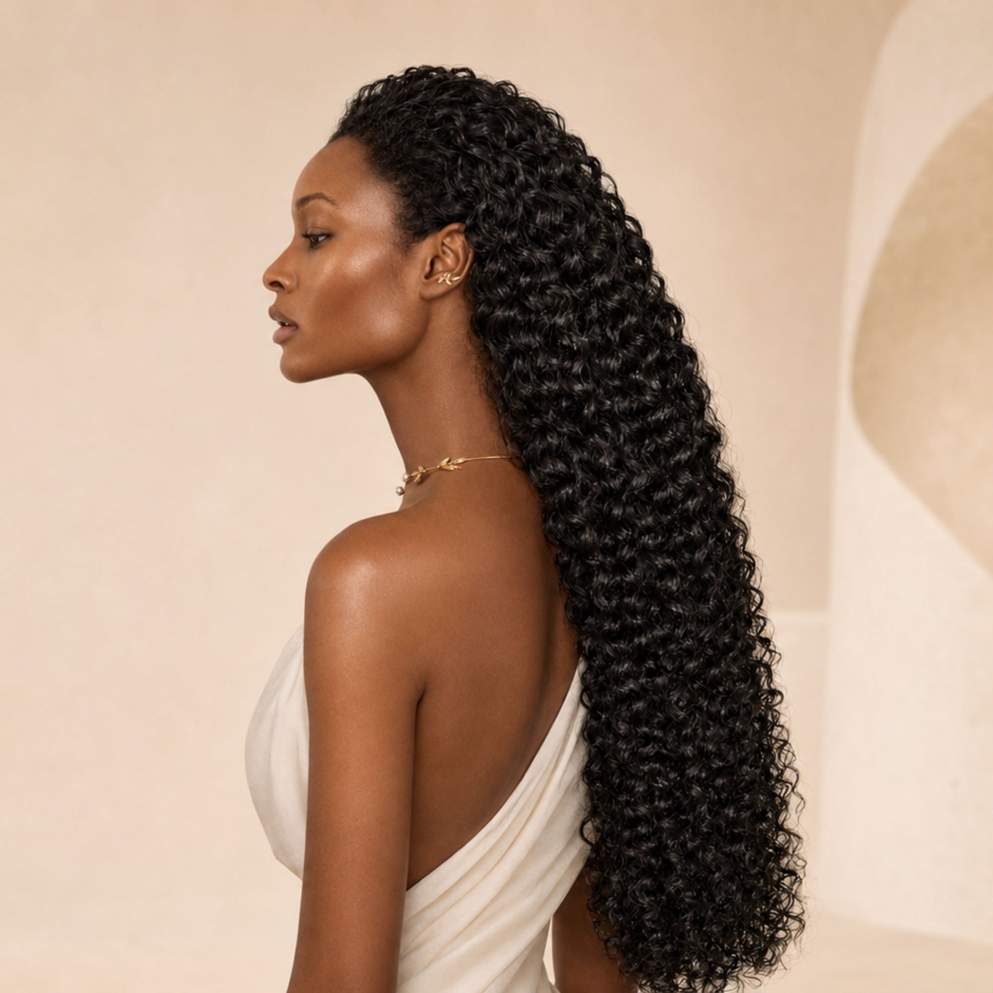 Oudella model in profile wearing long sculpted curls