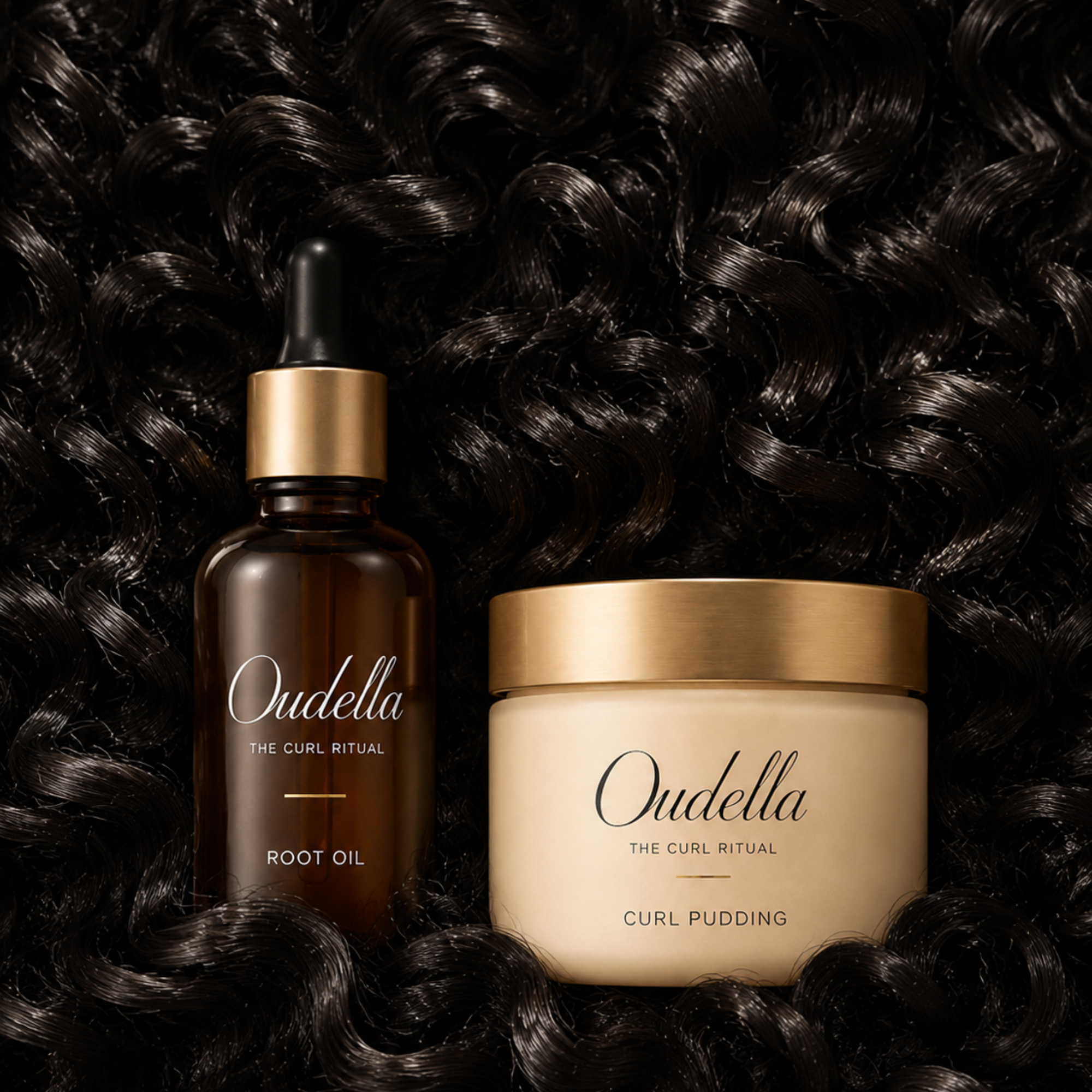 Oudella Root Oil and Curl Pudding surrounded by glossy curls