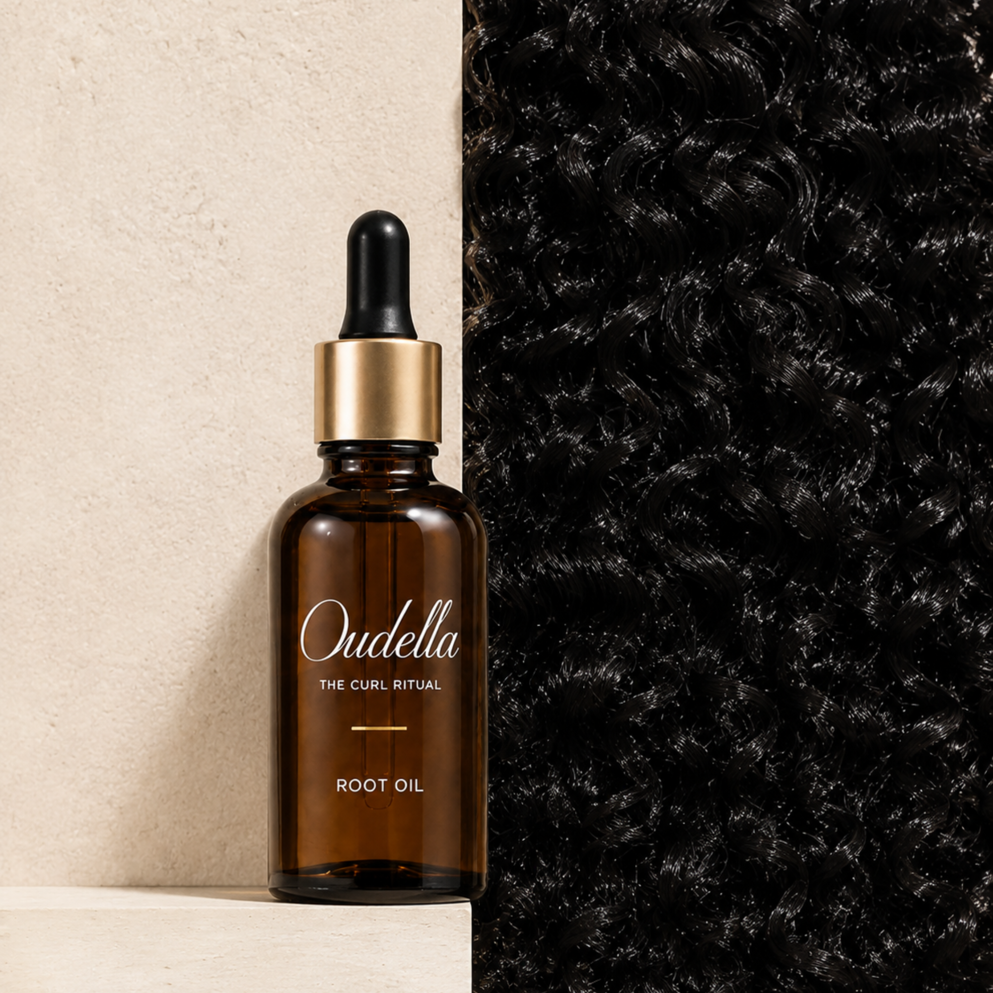 Oudella Root Oil beside a field of glossy curls