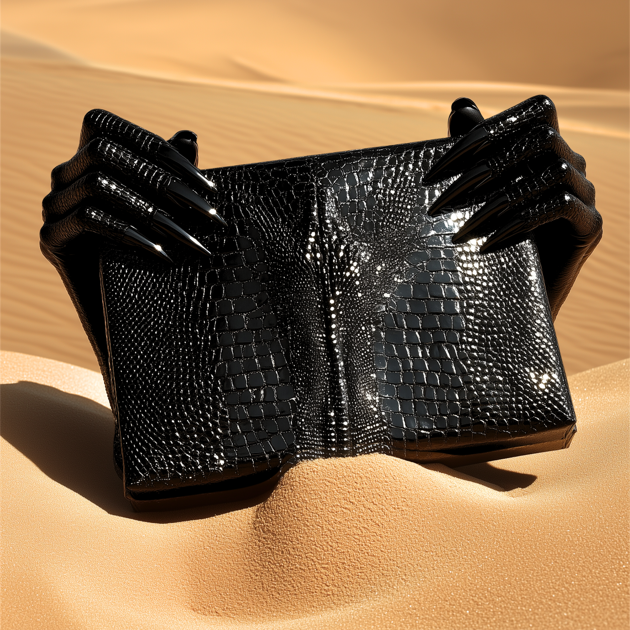 Glossy black bag held by clawed gloves in desert light