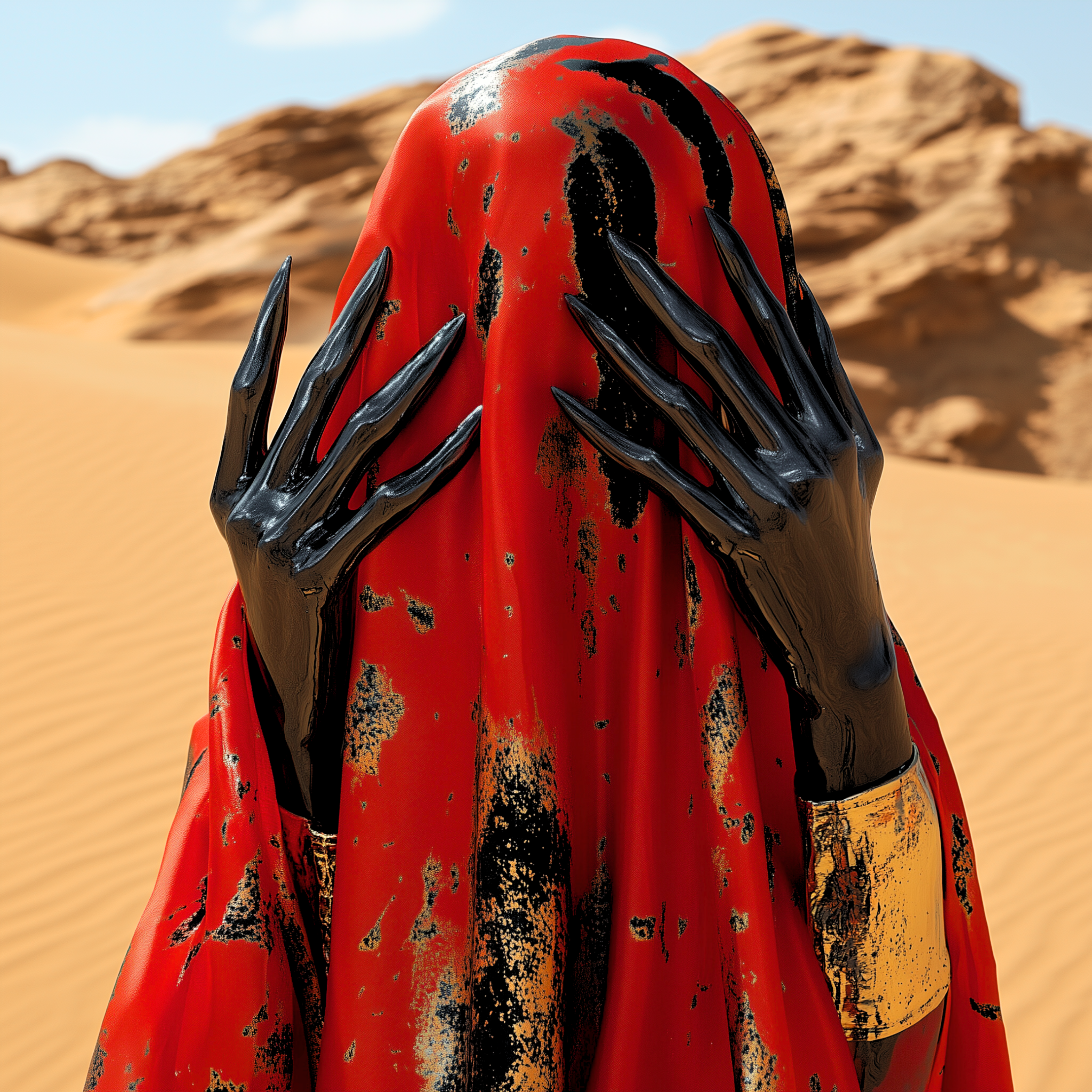 Red veil and sculptural black hands