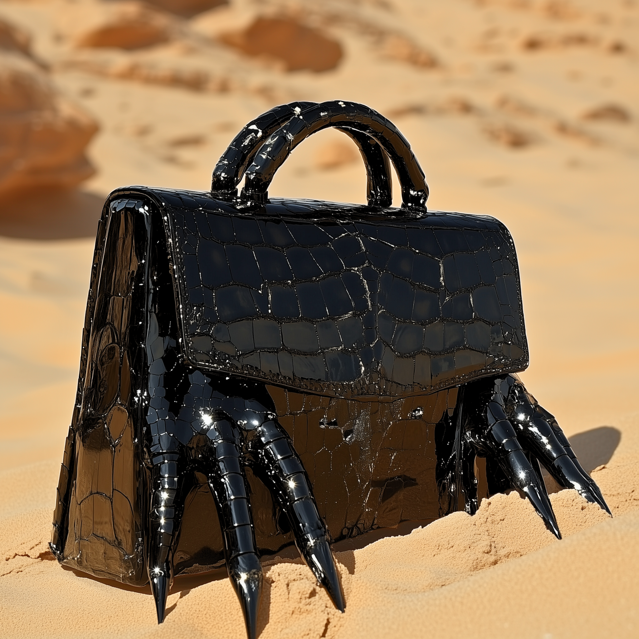 Black crocodile bag with claw-like sculptural details in desert sand