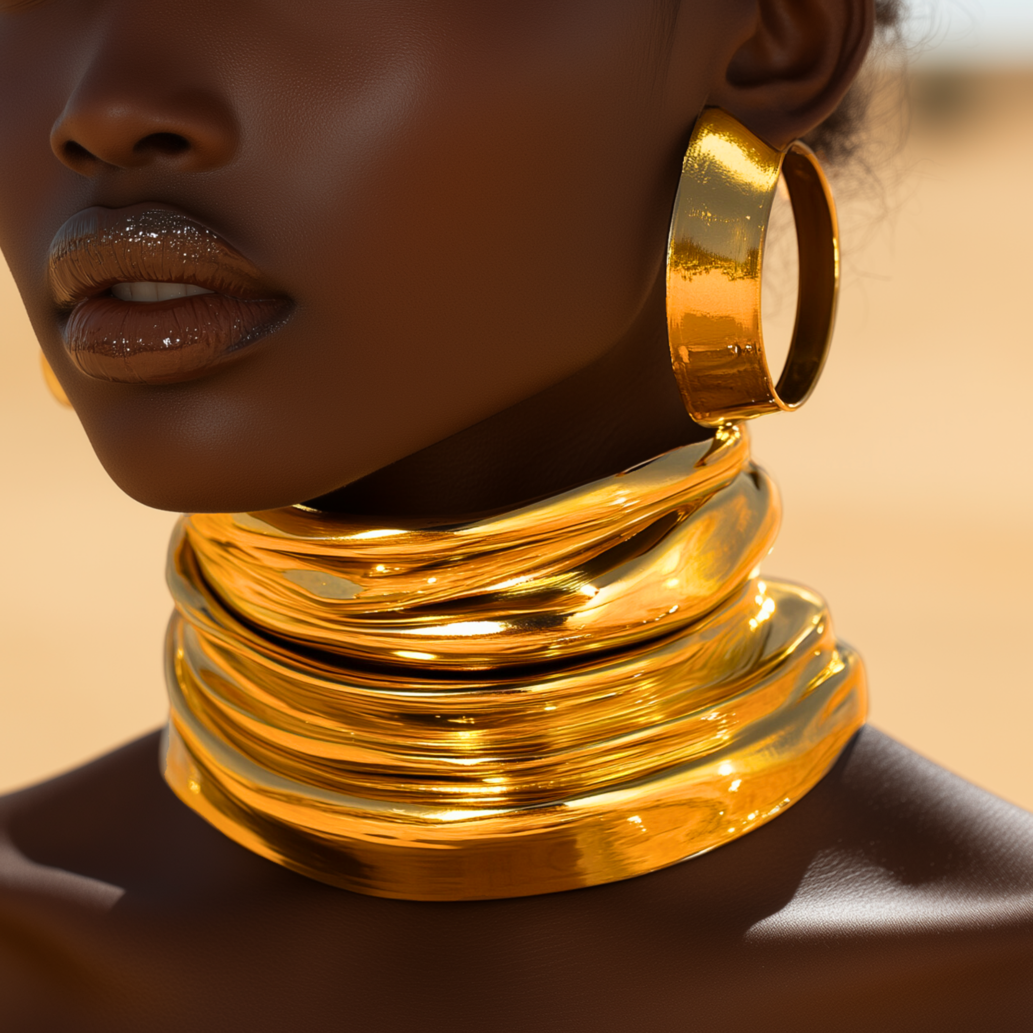 Close-up portrait with sculptural gold neck cuffs