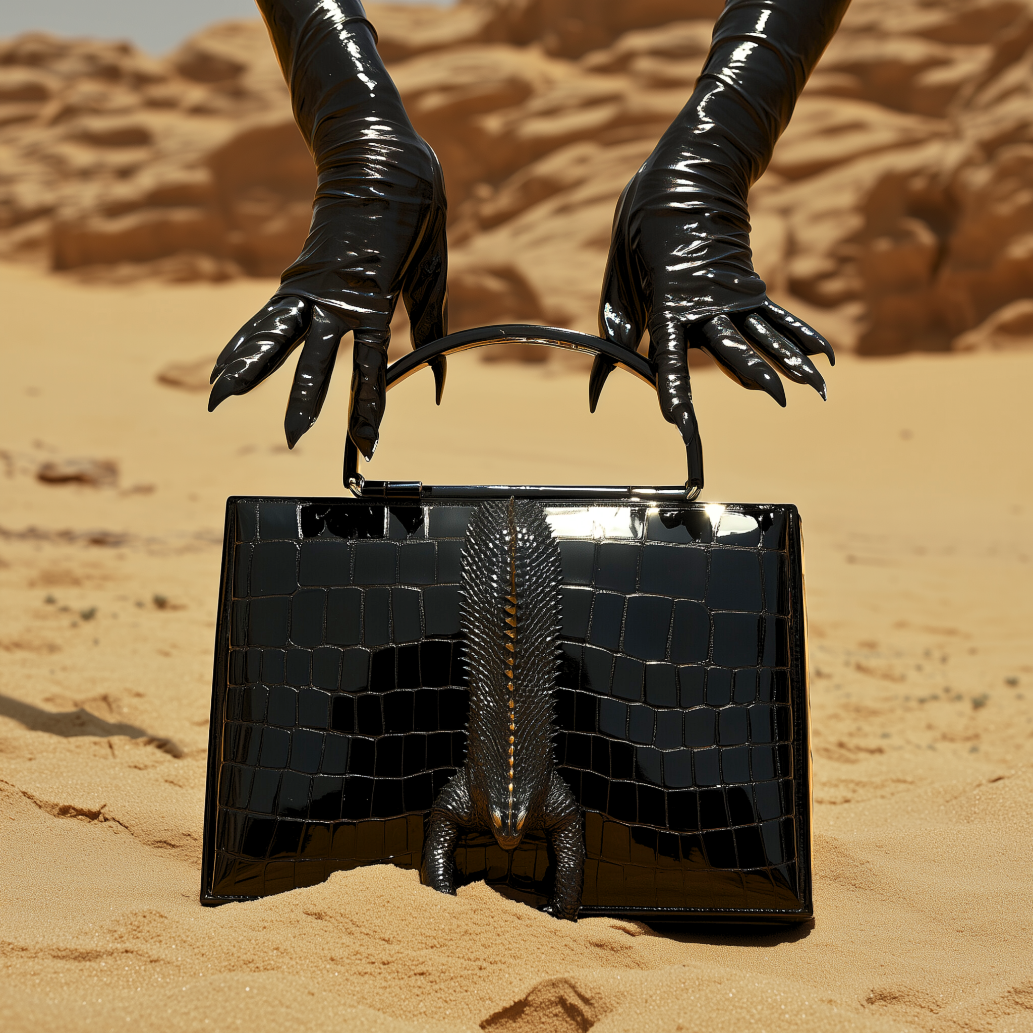 Black lizard bag in the desert