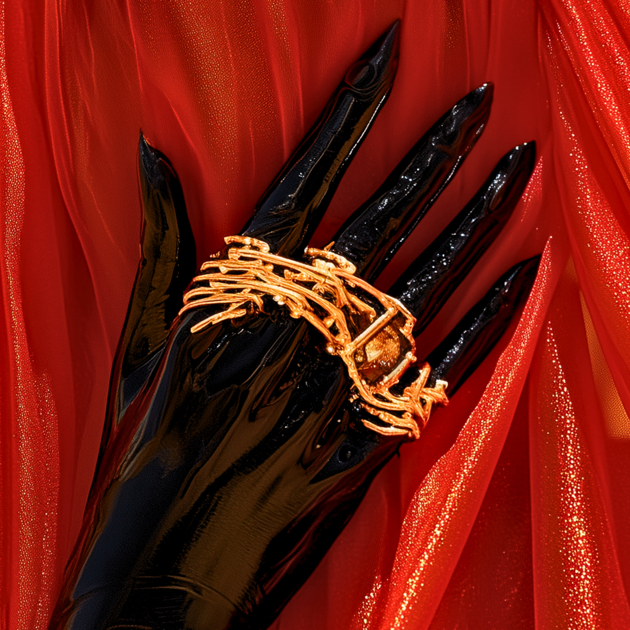 Molten gold ring on a lacquered hand