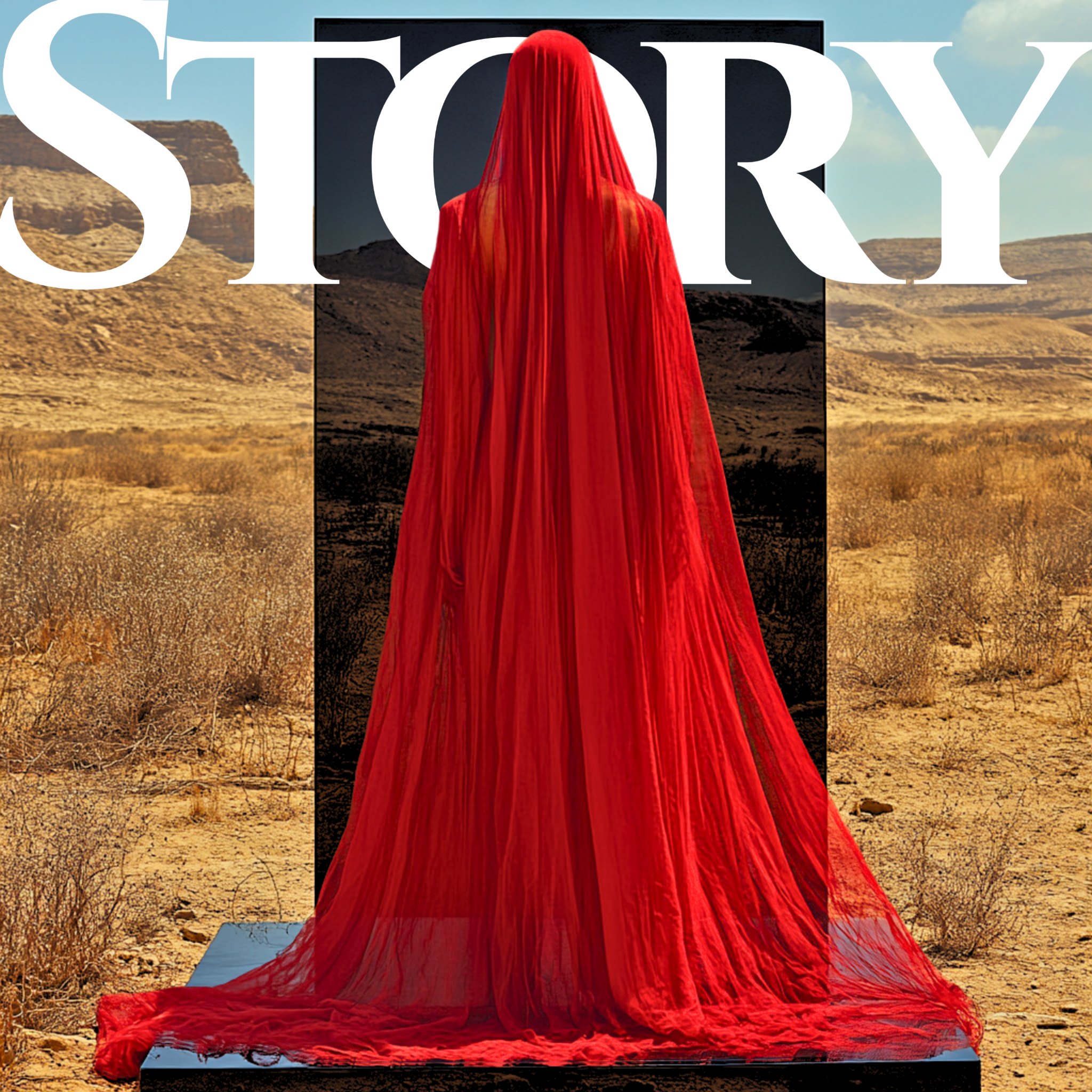 A figure veiled in red fabric standing in a desert beneath the word Story