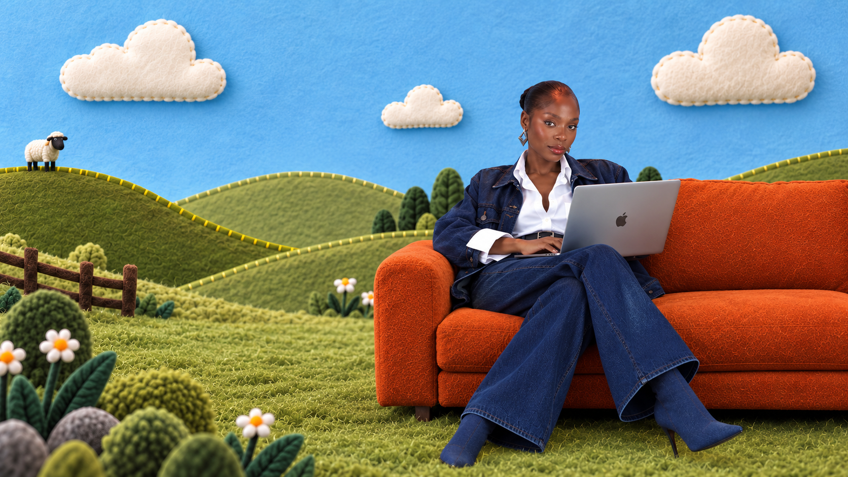 Abigail on an orange couch with her laptop in a playful felt landscape of blue sky, clouds and green grass